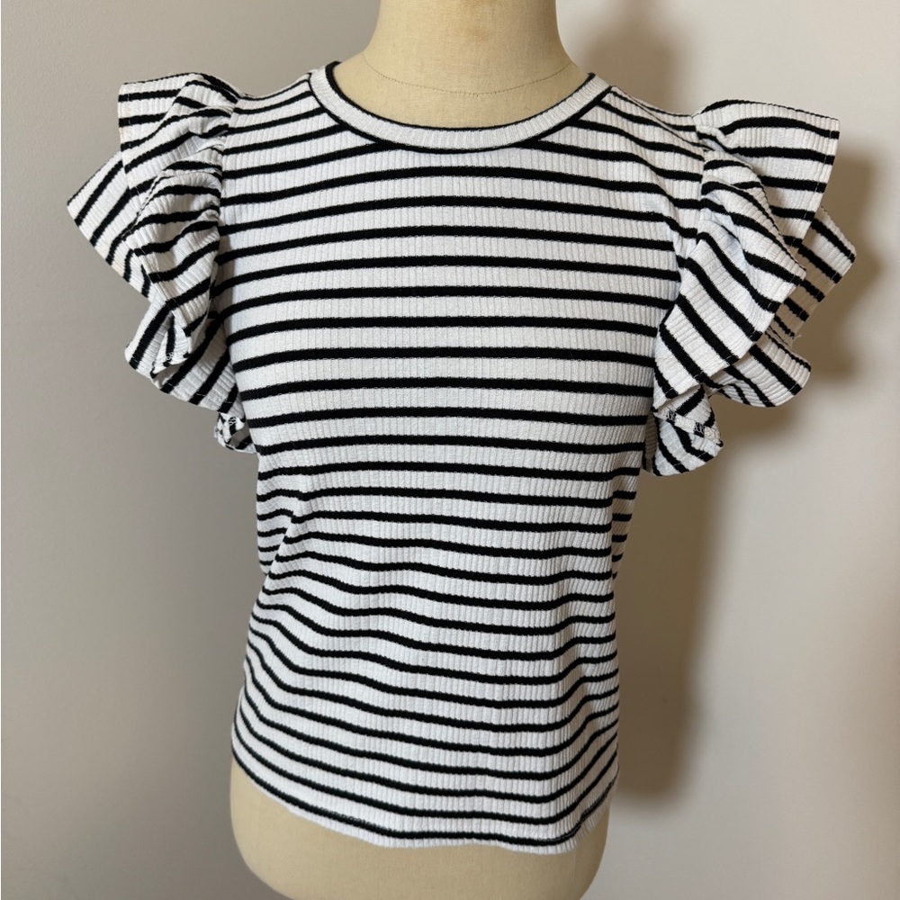 Zara Black and White Striped Ruffle Sleeve Tee Sz Med